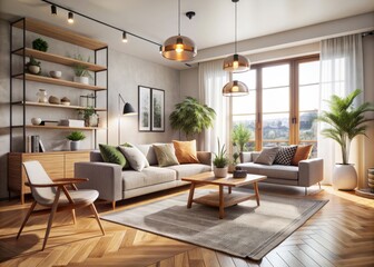 Fototapeta premium Modern interior japandi style design livingroom. Lighting and sunny scandinavian apartment with plaster and wood. 3d render illustration.
