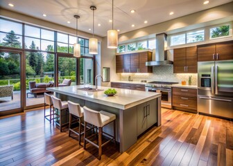 Fototapeta premium Beautiful modern kitchen interior in luxury home with large island, wooden floor, and bright windows, featuring sleek appliances and ample copy space for text or design elements.