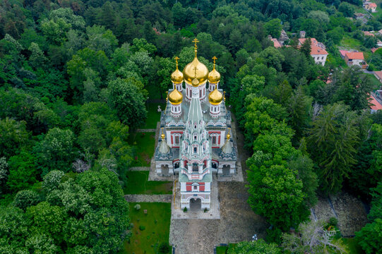 Memorial Temple of the Birth of Christ, Russian Style Church Cathedral ( Monastery Nativity ) in Shipka, Bulgaria near the soviet communist monument Buzludzha with a beautiful sun
