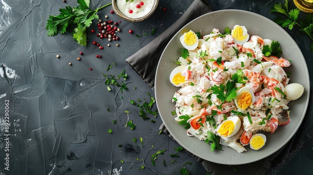 Poster crab and egg salad on gray table top view text space