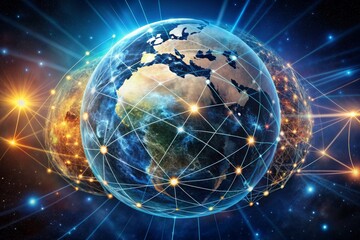 Obraz premium A futuristic globe with glowing network lines and nodes, surrounded by orbiting satellites, emphasizes the unity and interconnectedness of a global communication system.