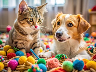 Adorable dog and curious cat playfully share a colorful toy, their whiskers and ears perked up, amidst a messy scattering of toys and fluffy pet bedding.