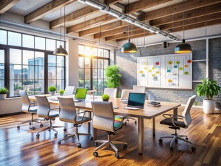 Modern office with large whiteboard covered in marketing strategies and branding ideas, surrounded by empty chairs and laptops, capturing a creative team's workflow essence.