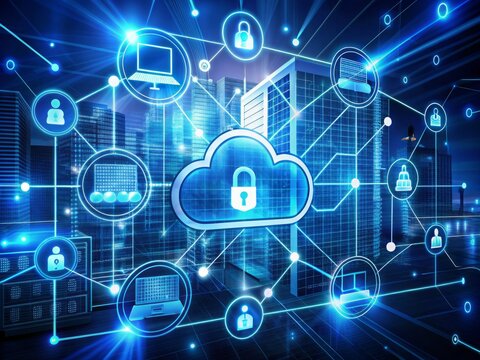 Secure virtual network diagram showcasing cloud and edge computing infrastructure with robust data protection systems, firewalls, and encryption ensuring robust data security for users.