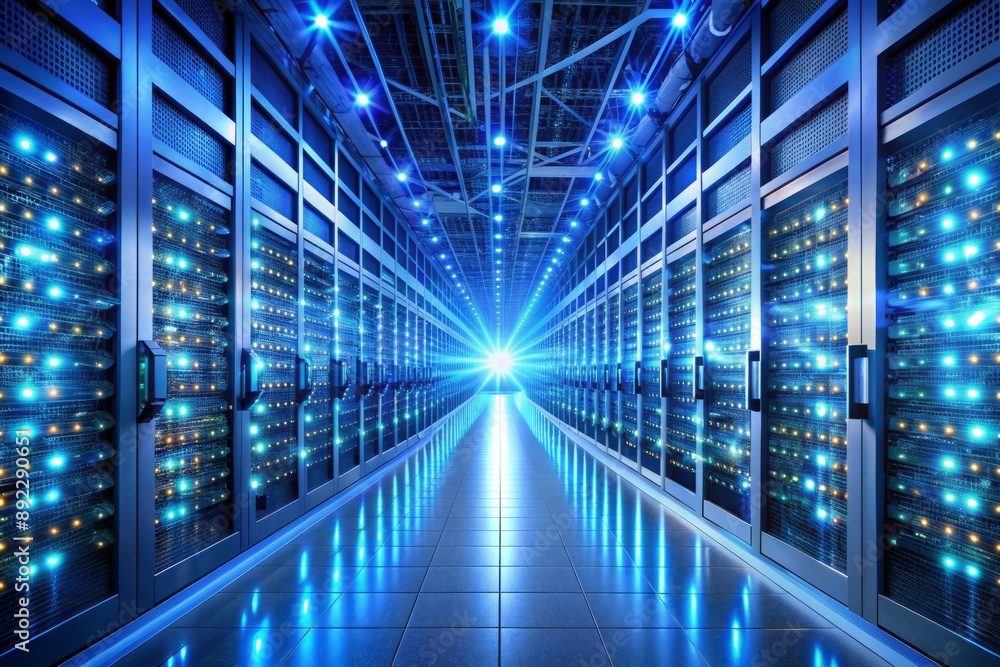Poster futuristic server room with rows of blinking servers, fiber optic cables, and massive data storage s