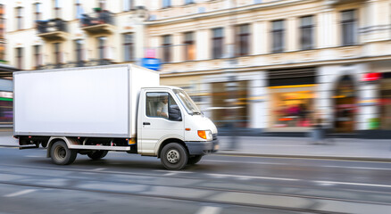 Empty blank white mockup on the small truck vehicle driving through the city street, template for advertisement. Commercial business transport delivery cargo, side view