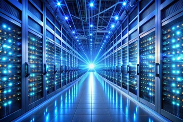 Fototapeta premium Futuristic server room with rows of blinking servers, fiber optic cables, and massive data storage systems, illuminated by blue and white LED lights, representing cloud computing.