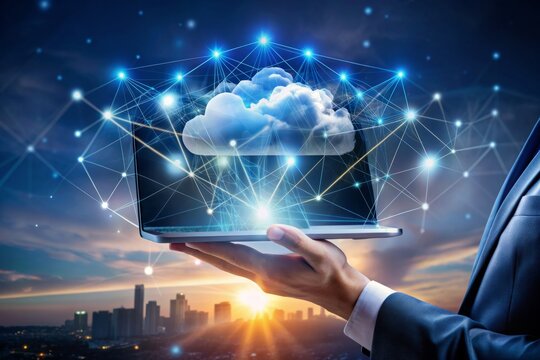 A futuristic hand holds a laptop displaying a complex cloud computing diagram, illustrating data storage, networking and internet service concepts in a virtual landscape.