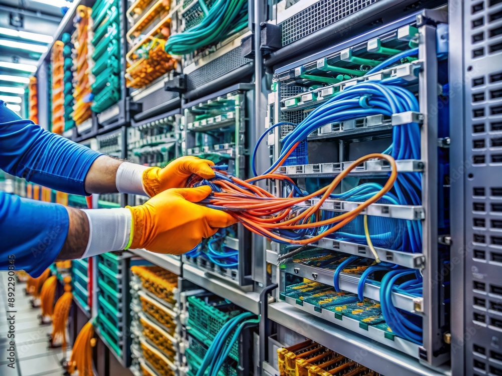 Aufkleber high-tech equipment setup with rows of humming computer servers and tangled cables, awaiting mainten