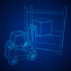 Fototapeta premium Forklift Loader lift truck in warehouse near rack. Wireframe low poly mesh vector illustration.