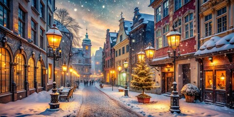 Fototapeta premium Snowflakes gently fall on a charming winter city street lined with festive lanterns and ornate buildings, awaiting the arrival of a curious solo adventurer.