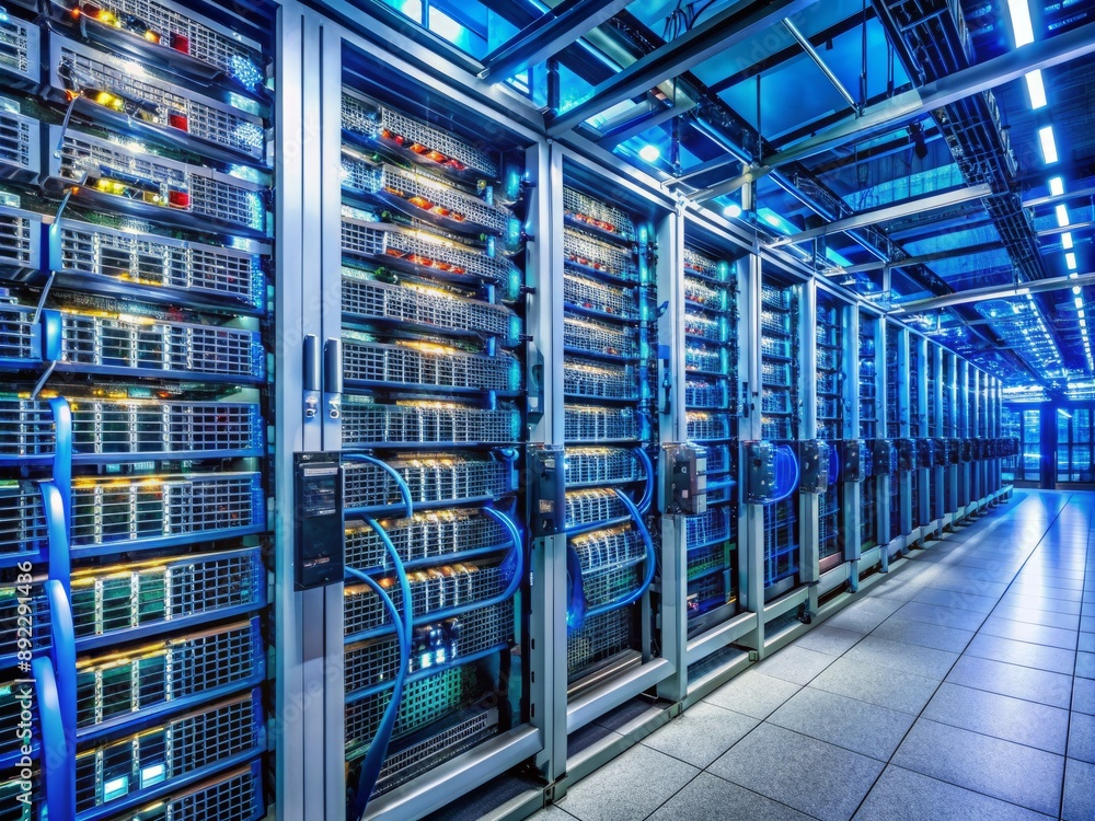 Poster a tidy server room with rows of humming servers, cables, and data storage systems, showcasing impecc