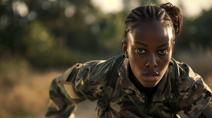 African American female soldier crawling in woodland area