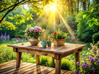 Fototapeta premium Capturing nature palette. Inviting wooden table bathed in radiant light of spring and summer. Greenery of the garden surrounds empty table creating perfect blend of natural harmony