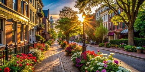 Obraz premium Vibrant city streets come alive with blooming flowers and lush greenery as warm sunlight casts a joyful glow on empty sidewalks and historic architecture.