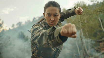 Asian female soldier practicing martial arts outdoors