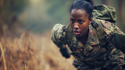 Obraz premium Black female soldier crawling in woodland area