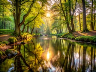 Obraz premium Enchanted woodlands. Serene capture of forest bathed in gentle morning sunlight reflecting in tranquil river ideal nature landscape and scenic collections