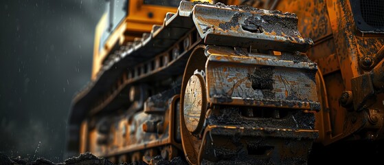 Close-up of a rusty bulldozer track, showing its intricate mechanical details.