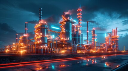Fototapeta premium A vibrant depiction of an industrial facility with glowing machinery and interconnected structures, exuding a futuristic and high-tech atmosphere.