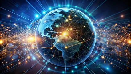 A futuristic glowing globe surrounded by intricate connections of circuits, wires, and lines, symbolizing the power of global network connection in business success.