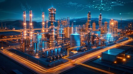 Fototapeta premium A vibrant depiction of an industrial facility with glowing machinery and interconnected structures, exuding a futuristic and high-tech atmosphere.