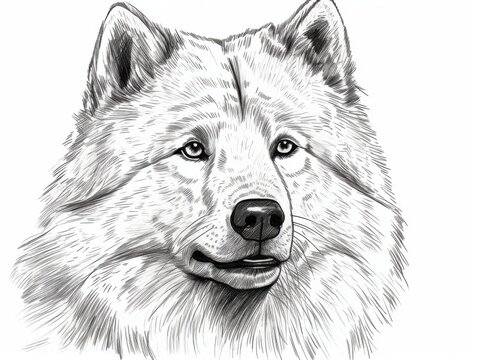 recommend clip art: Black and white Vintage engraved art of a Samoyed isolated on white background, ink sketch illustration, simple vector art design, highly detailed line art, high contrasty