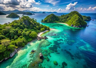 Vibrant turquoise waters surround a picturesque chain of tropical islands, featuring lush green forests, white sandy beaches and coral reefs, beckoning exploration and tranquility.