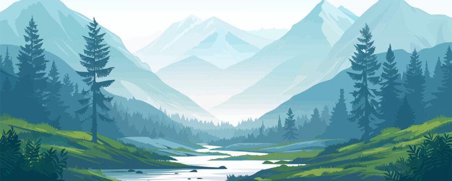 A serene mountain stream winding through a verdant valley. Vector flat minimalistic isolated illustration.