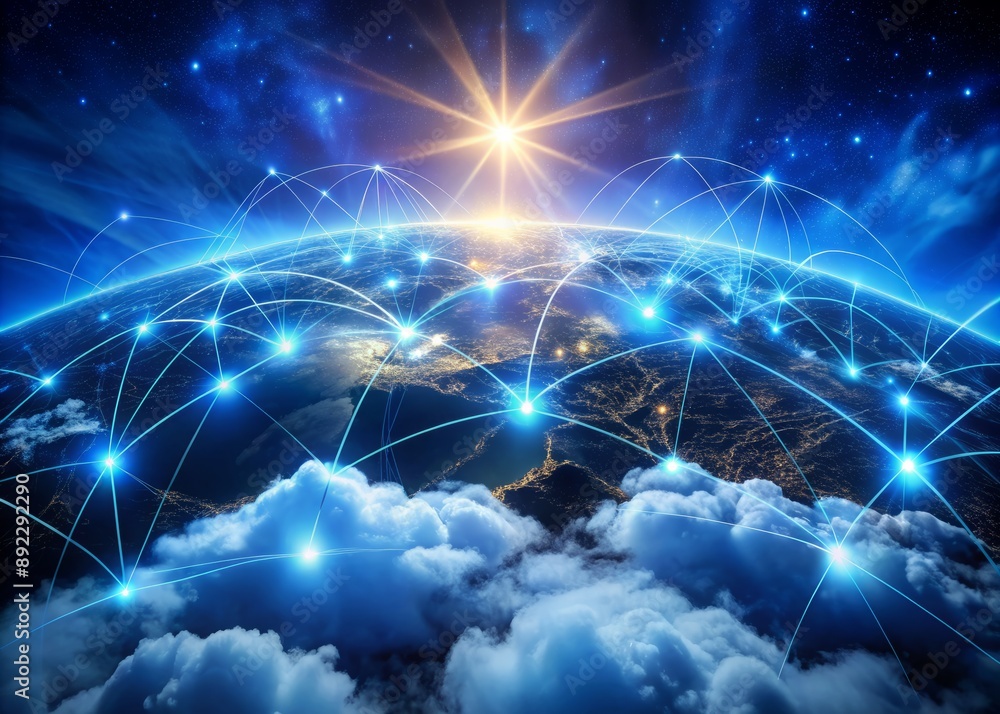 Poster global interconnected network of glowing blue nodes and fibers, surrounded by swirling clouds, symbo