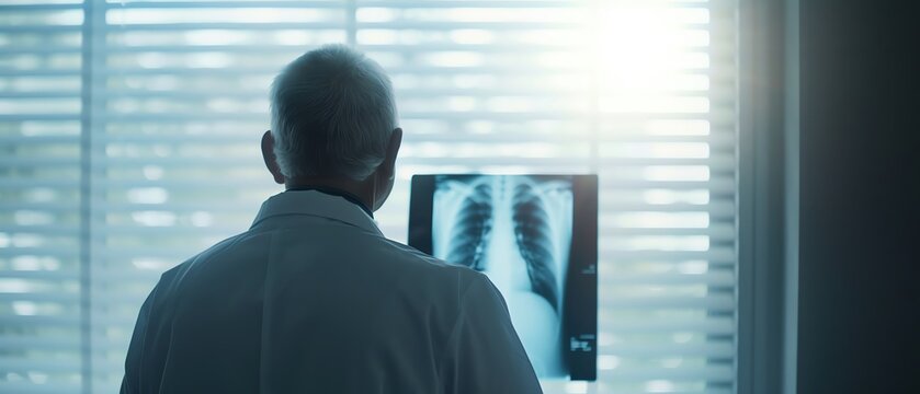 Doctor examining x-ray by window