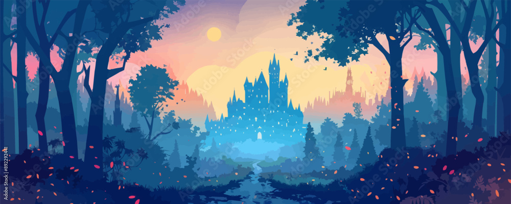 Poster a mystical castle surrounded by a forest with mythical creatures roaming the grounds. vector flat mi