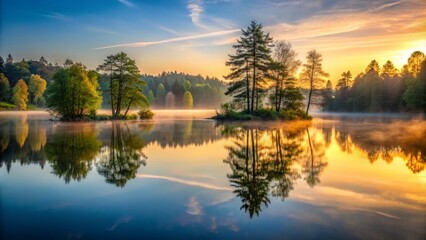 Peaceful dawn scene of a serene lake with a glassy surface reflecting the surrounding trees and misty atmosphere, creating a sense of stillness and calm.