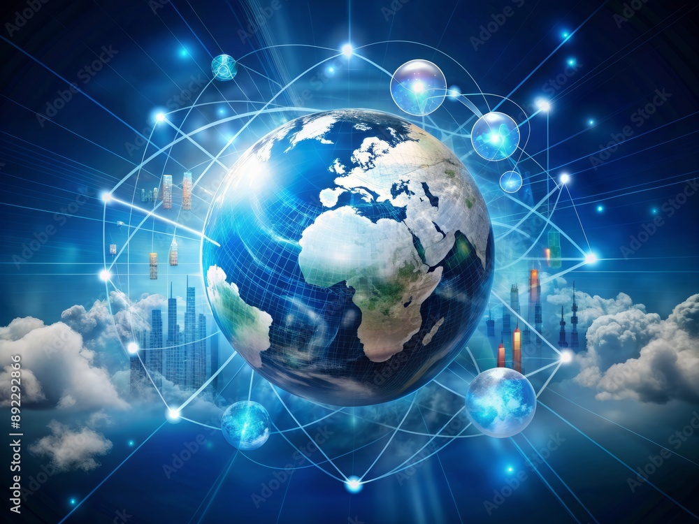 Poster global business strategy concept featuring a 3d earth globe surrounded by floating analytics cloud i