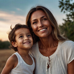 Fototapeta premium beautiful tanned lady, with her son, looking at the sky with a smile, photo portrait, atmosphere of family happiness, super realistic photo, a lot of clear sky, empty space