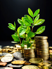 Plant growing from coins, economic concept.