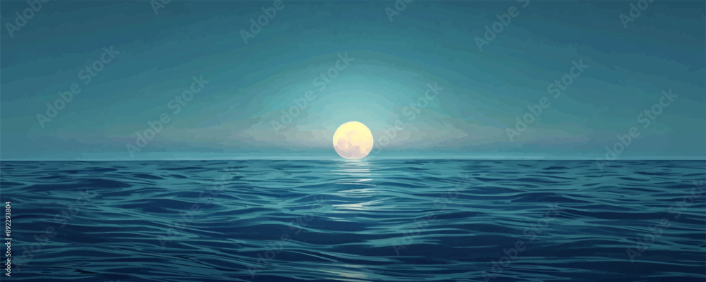 Poster full moon casting a soft glow on a calm ocean. vector flat minimalistic isolated illustration.