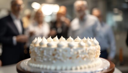 Close up of a white cake with meringue frosting, with blurred background of people celebrating.