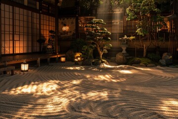An ancient Japanese temple garden, with raked sand, bonsai trees, and traditional lanterns softly glowing