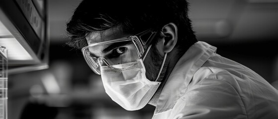 Black and white photo of a scientist in protective gear working in a laboratory, focusing intently on a task