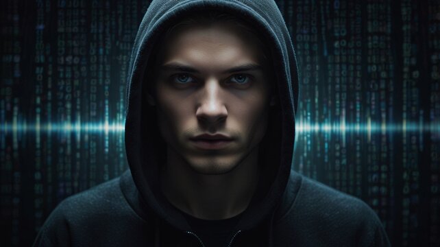 Hacker black hoodie binary code background, man face, internet security, data protection, cybersecurity, cyberattack