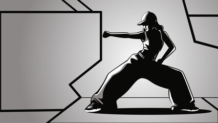 Advertising banner with silhouette of girl hip hop dancer in stylish movement with space for text