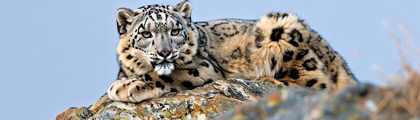 Obraz premium Snow leopard perched on rocky outcrop in a high-altitude environment, elusive predator, mountain wildlife, endangered species