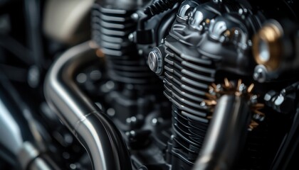 Fototapeta premium Close-up of a motorcycle engine, showing intricate details and chrome accents.