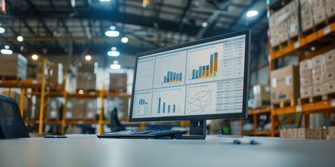 A computer monitor displaying data analytics dashboards in a warehouse setting,