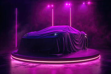 New sportscar model reveal under purple lights and smoke