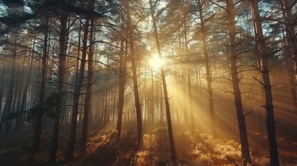 Obraz premium Bright sun is shining through the trees forest casting a warm glow on the grass