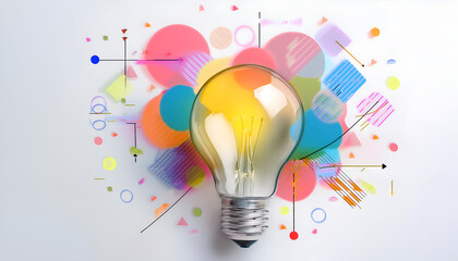 Illuminated Lightbulb Surrounded by Colorful Abstract Shapes on White Background