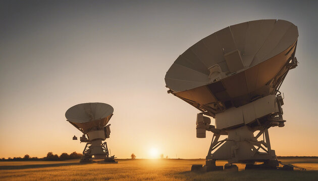An air defense radar system set against a backdrop of a golden sunset, with long shadows stretching
