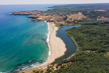 Aerial view of beautiful blue Veleka beach in Sinemoretz, Bulgaria